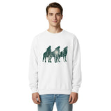 Howling wolves and moonlit forest design on a White garment-dyed sweatshirt