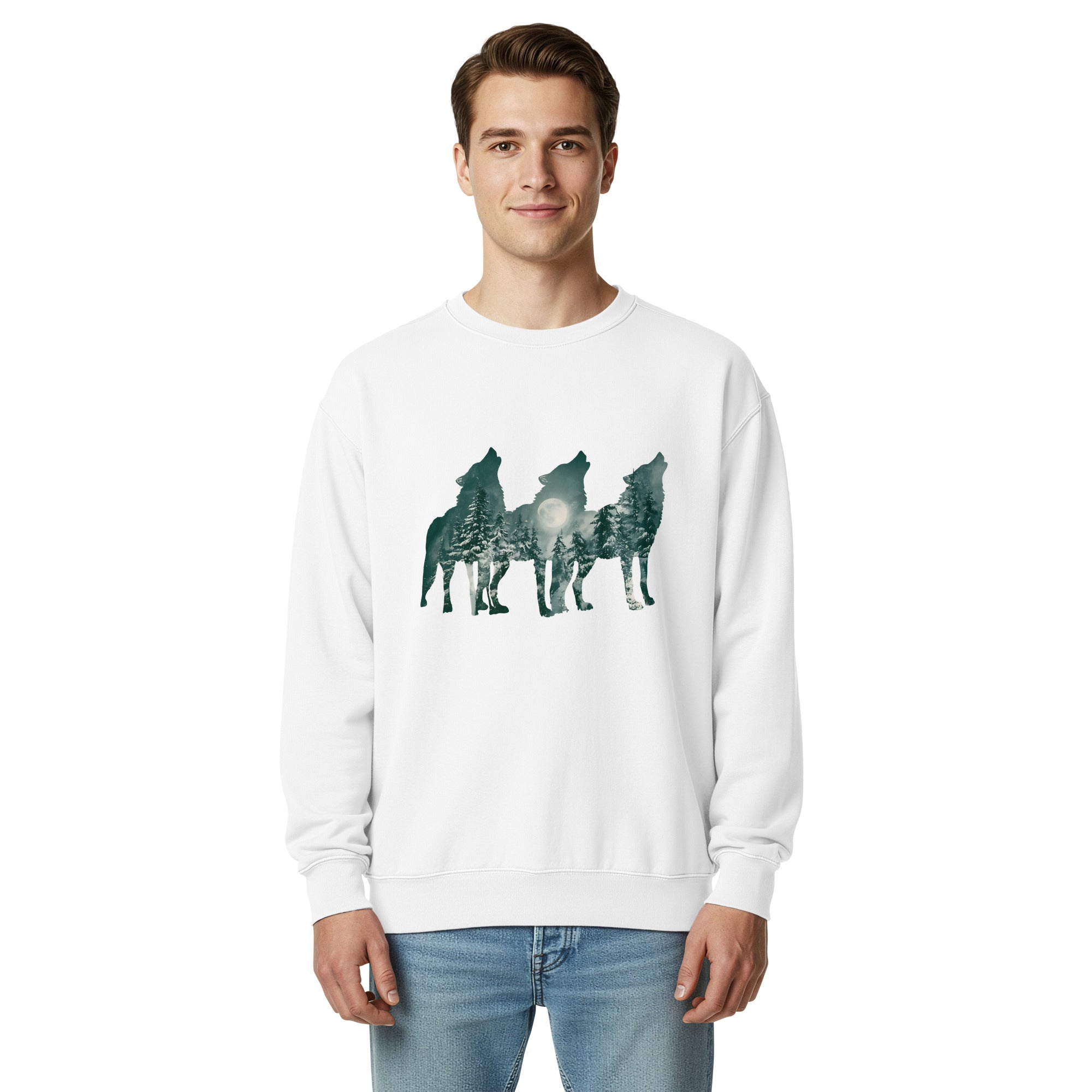 Howling wolves and moonlit forest design on a White garment-dyed sweatshirt