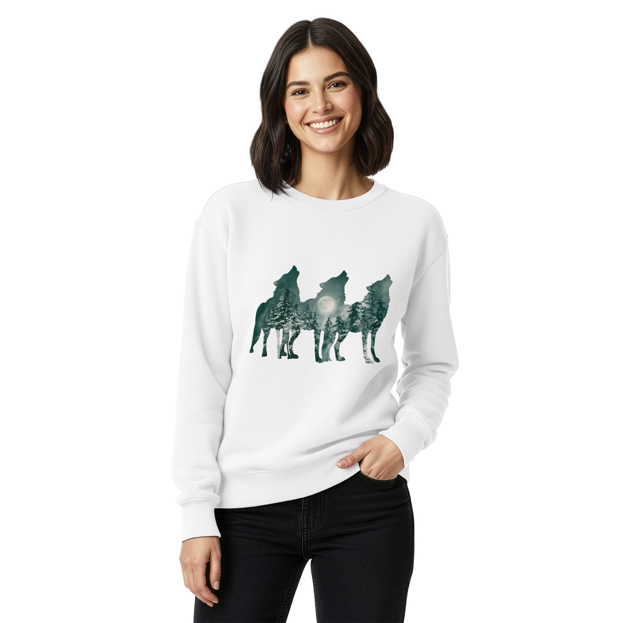 Howling wolves and moonlit forest design on a White garment-dyed sweatshirt