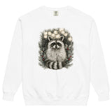 Raccoon in a Christmas wreath design on a White garment-dyed sweatshirt