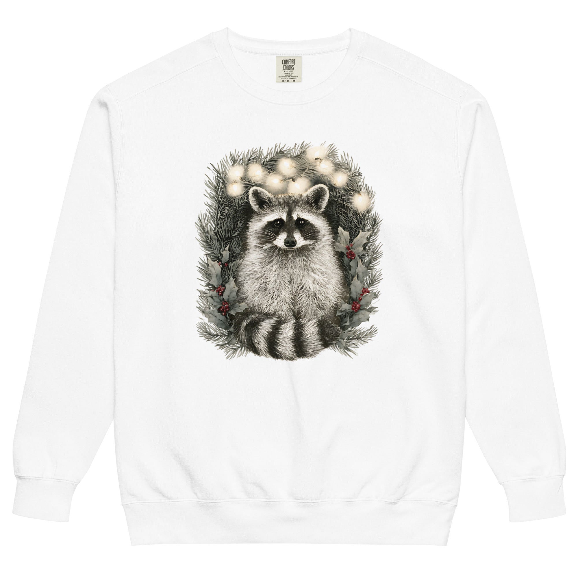Raccoon in a Christmas wreath design on a White garment-dyed sweatshirt