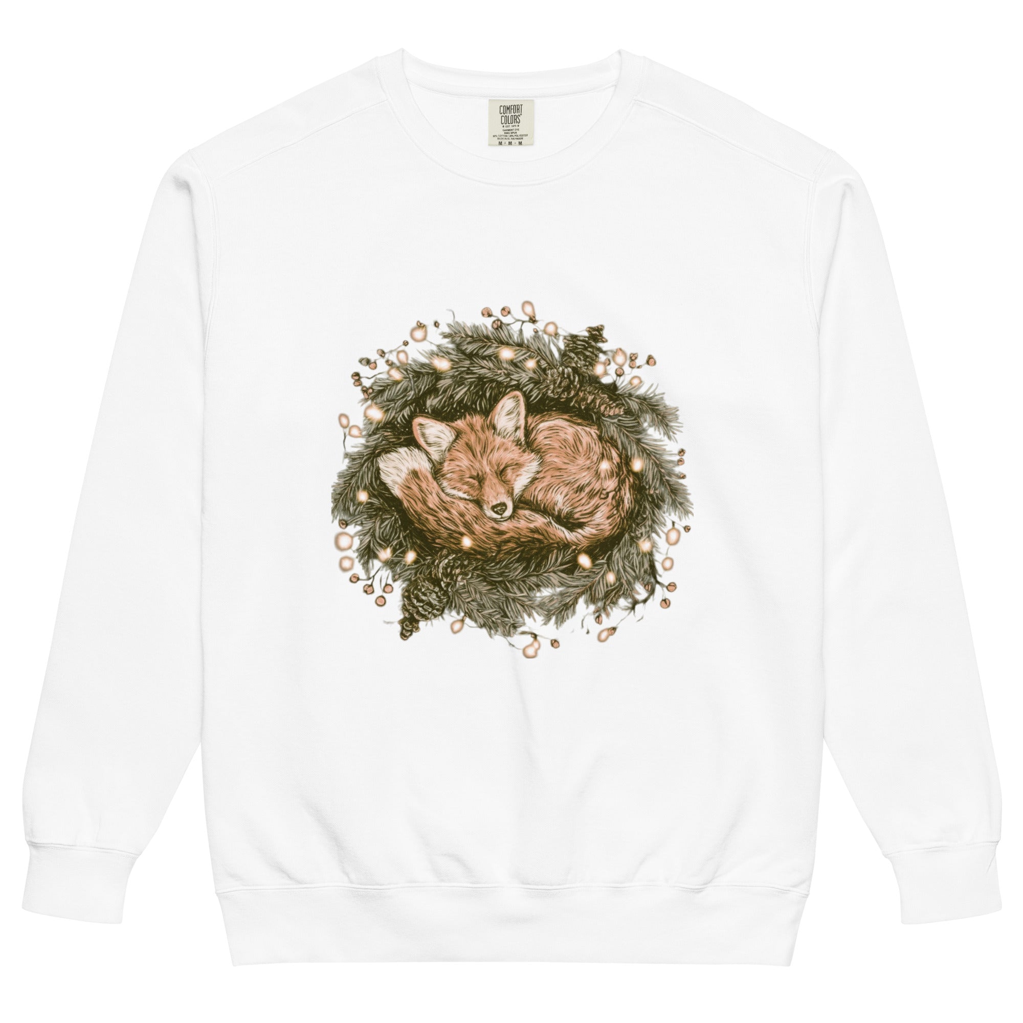 Fox asleep in a Christmas wreath design on a White garment-dyed sweatshirt