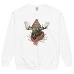 Moose in a beanie and scarf design on a White garment-dyed sweatshirt