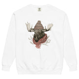 Moose in a beanie and scarf design on a White garment-dyed sweatshirt