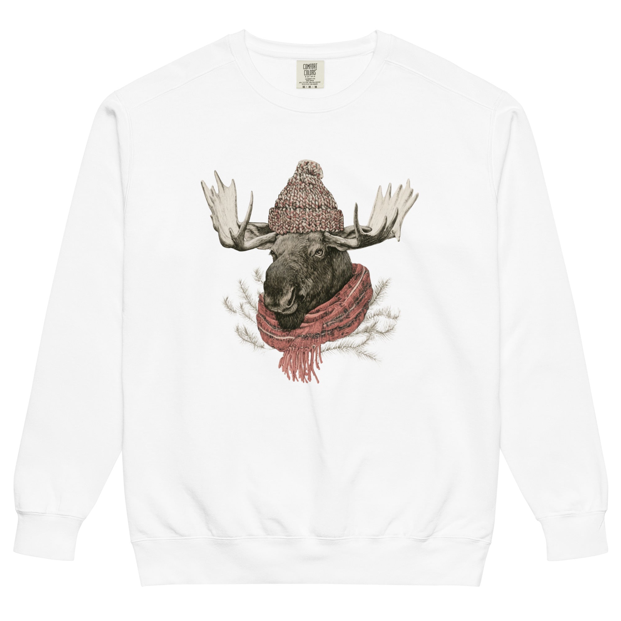 Moose in a beanie and scarf design on a White garment-dyed sweatshirt