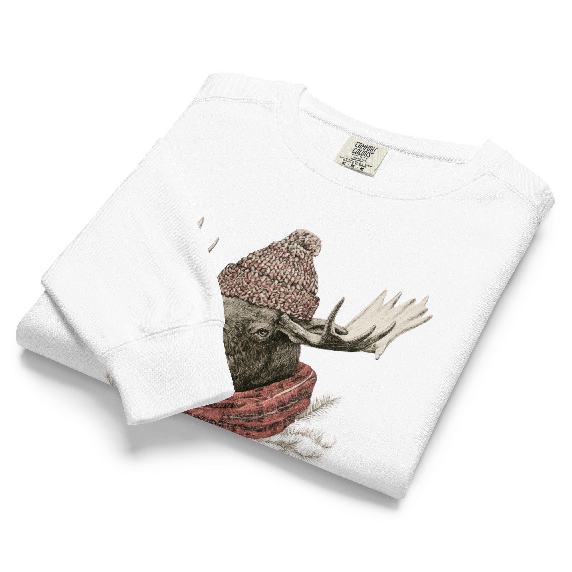 Moose in a beanie and scarf design on a White garment-dyed sweatshirt
