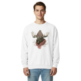 Moose in a beanie and scarf design on a White garment-dyed sweatshirt