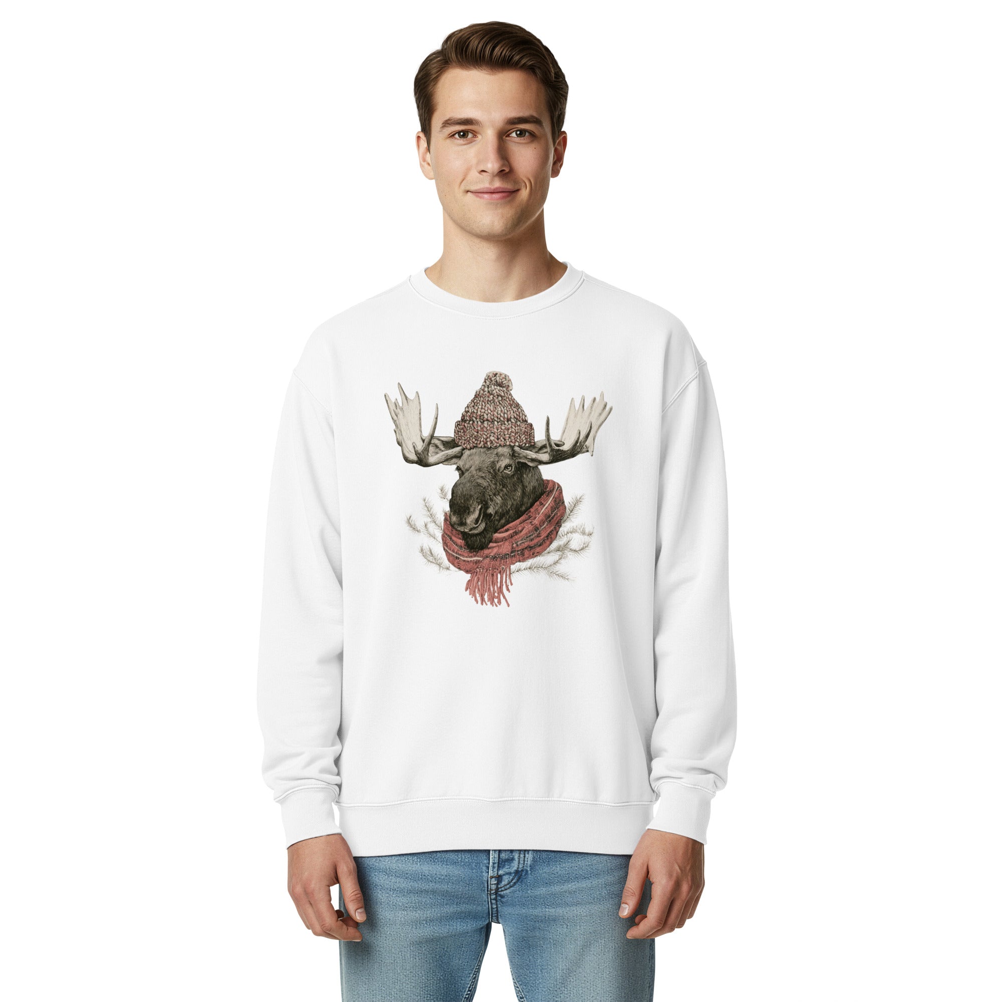 Moose in a beanie and scarf design on a White garment-dyed sweatshirt