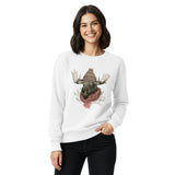 Moose in a beanie and scarf design on a White garment-dyed sweatshirt