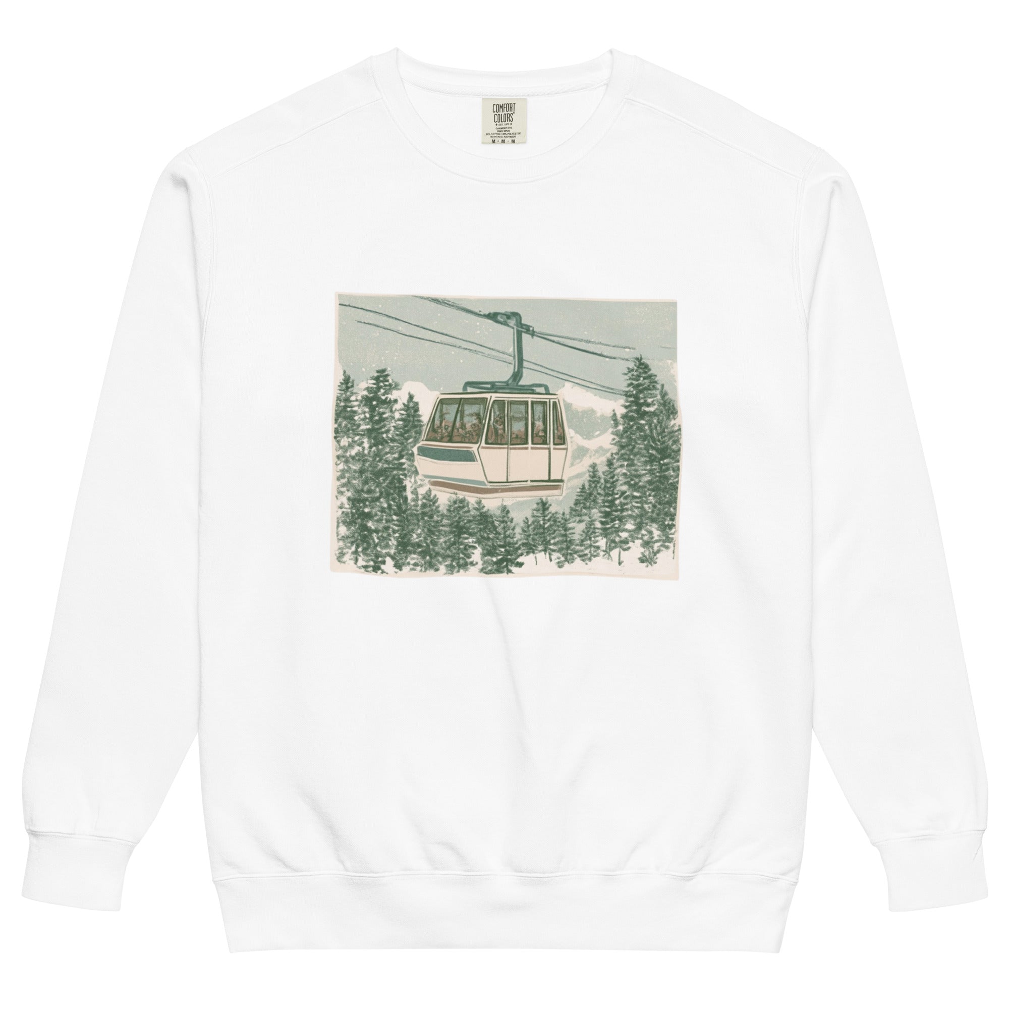 Ski gondola over pine forest design on a White garment-dyed sweatshirt