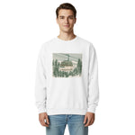 Ski gondola over pine forest design on a White garment-dyed sweatshirt