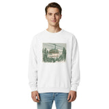 Ski gondola over pine forest design on a White garment-dyed sweatshirt