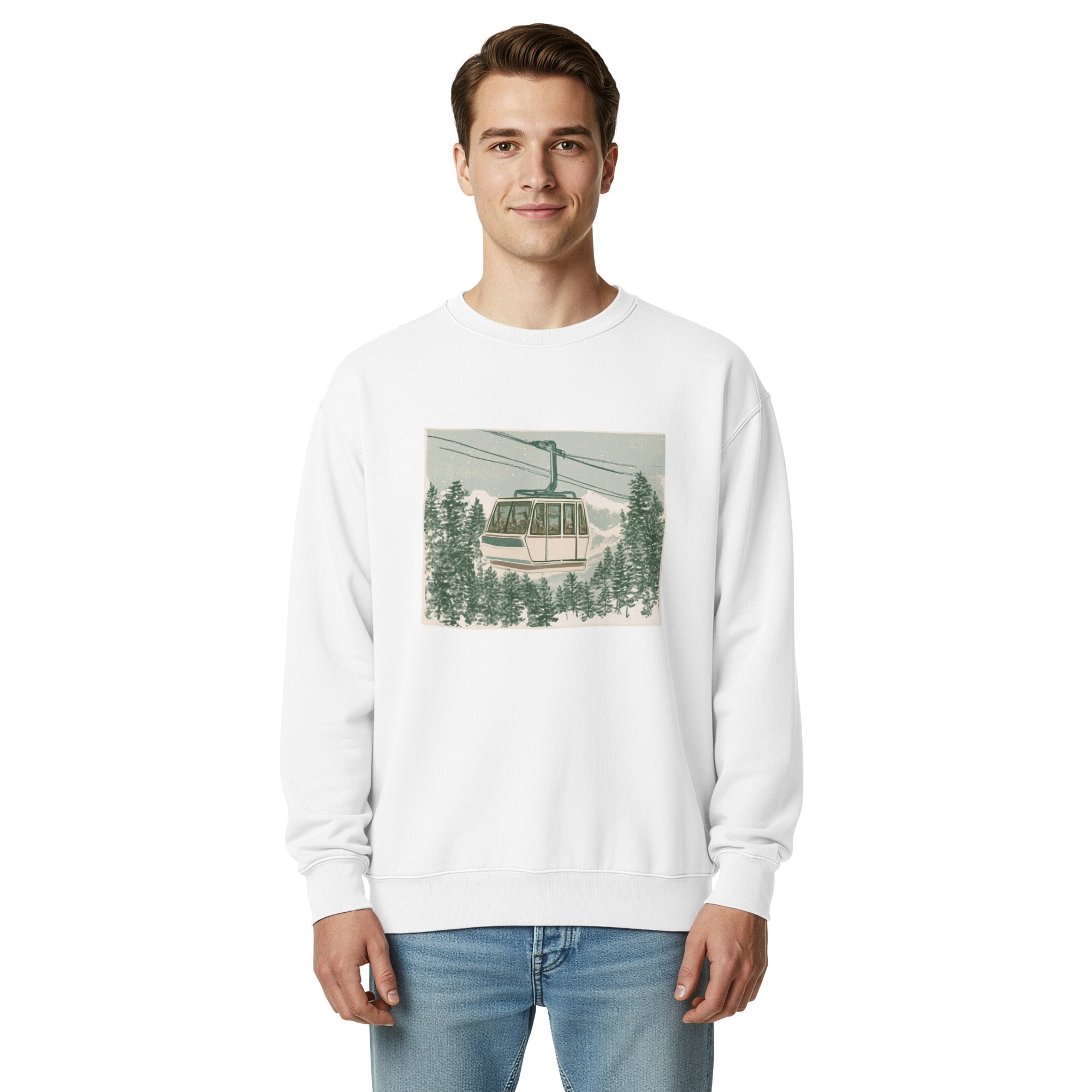 Ski gondola over pine forest design on a White garment-dyed sweatshirt