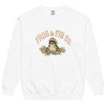 Toad and ferns badge design on a White garment-dyed sweatshirt