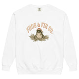 Toad and ferns badge design on a White garment-dyed sweatshirt