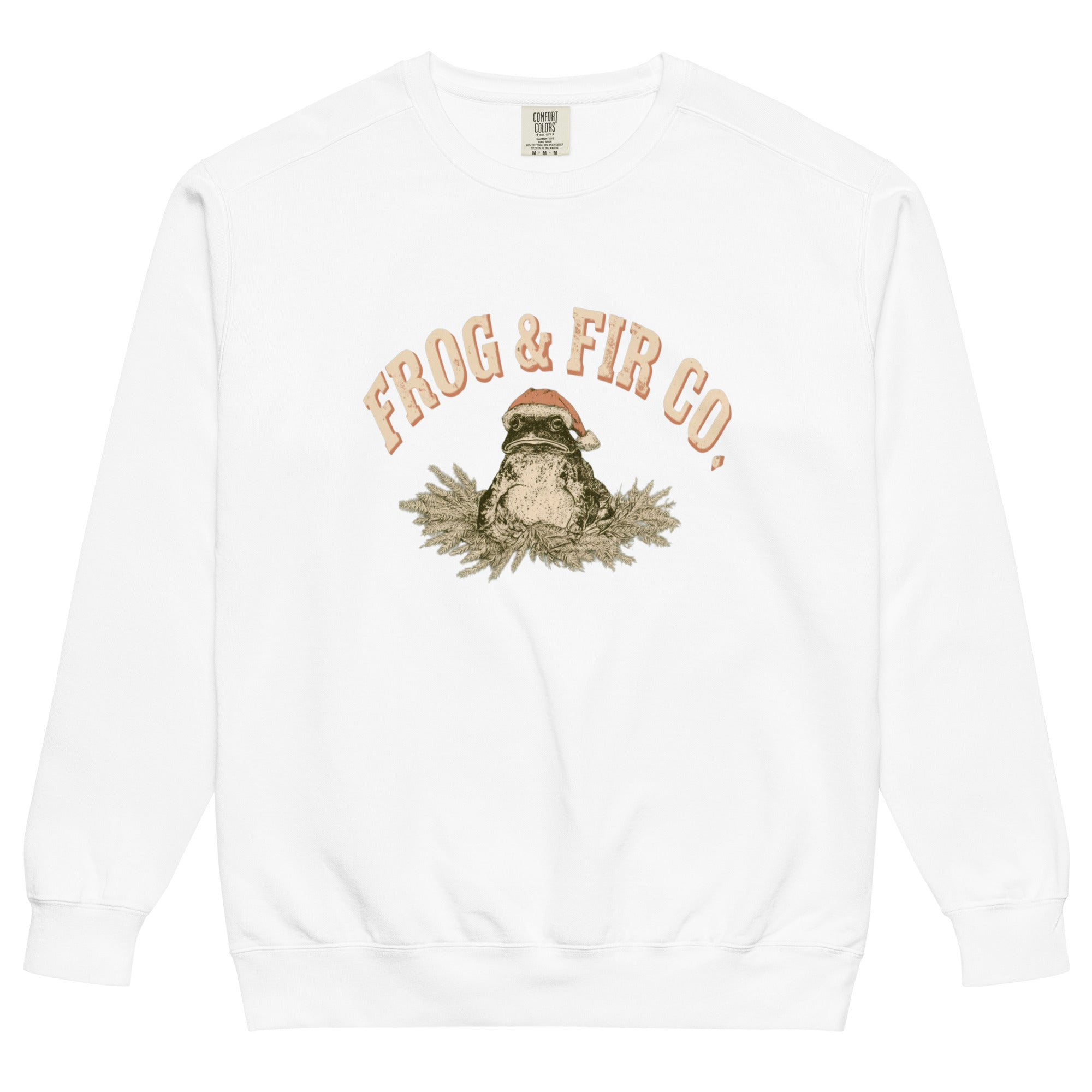 Toad and ferns badge design on a White garment-dyed sweatshirt