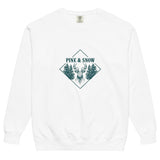 Stag emblem with pine and snow design on a White garment-dyed sweatshirt