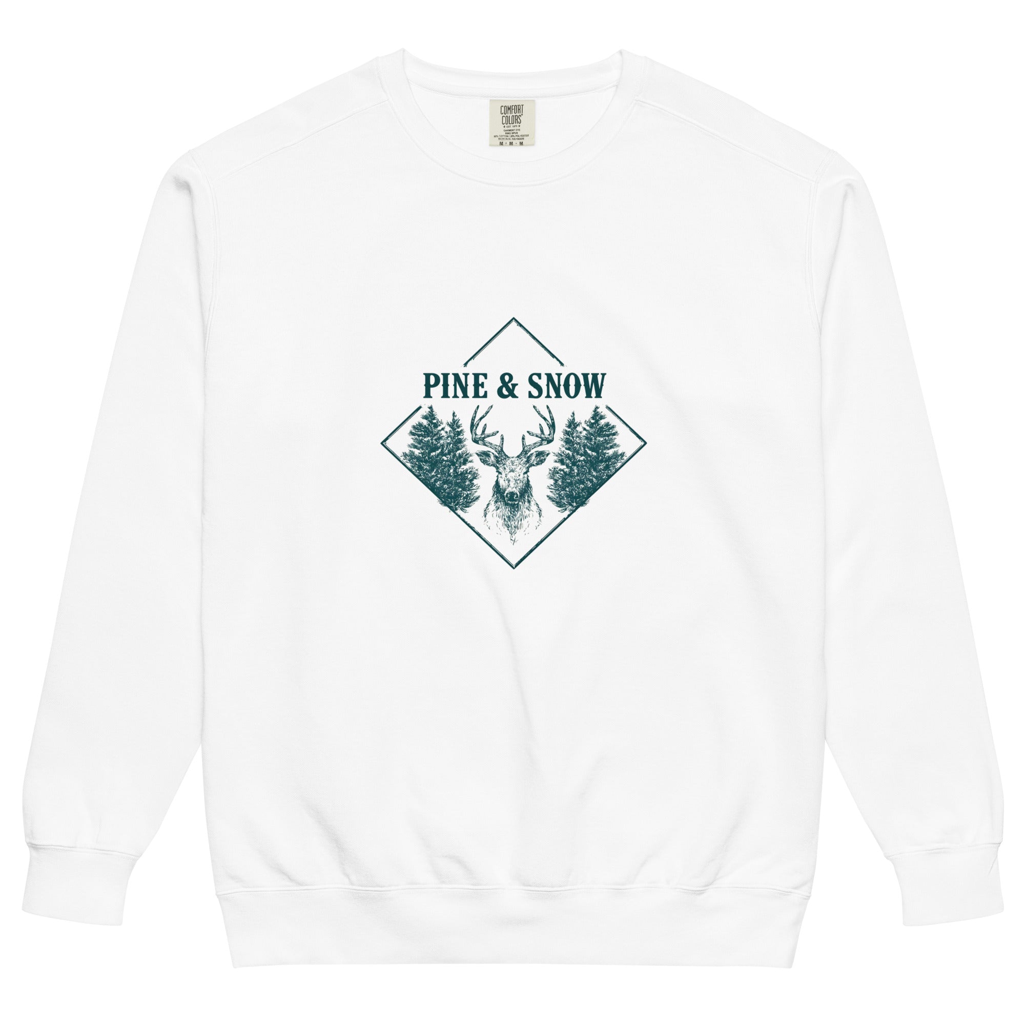 Stag emblem with pine and snow design on a White garment-dyed sweatshirt