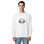 Stag emblem with pine and snow design on a White garment-dyed sweatshirt