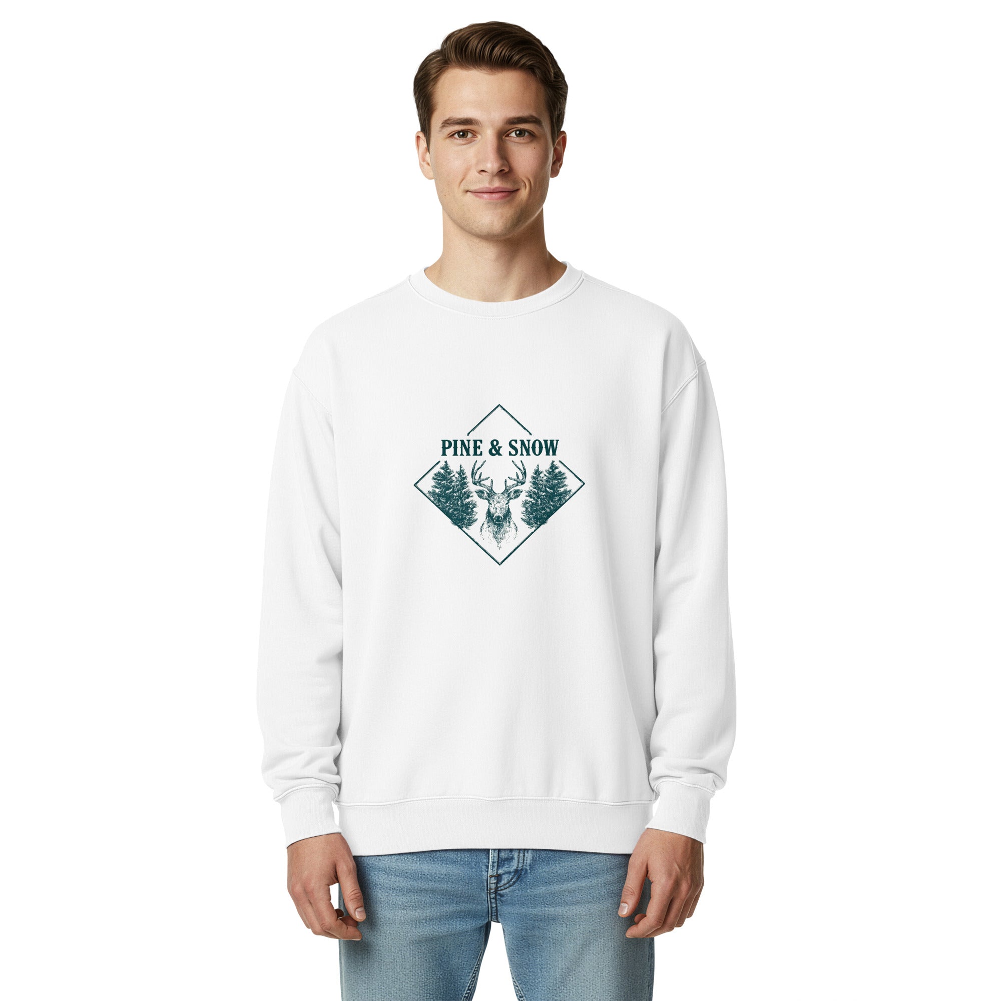 Stag emblem with pine and snow design on a White garment-dyed sweatshirt