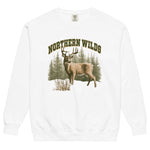 Whitetail deer and Northern Wilds design on a White garment-dyed sweatshirt