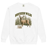 Whitetail deer and Northern Wilds design on a White garment-dyed sweatshirt