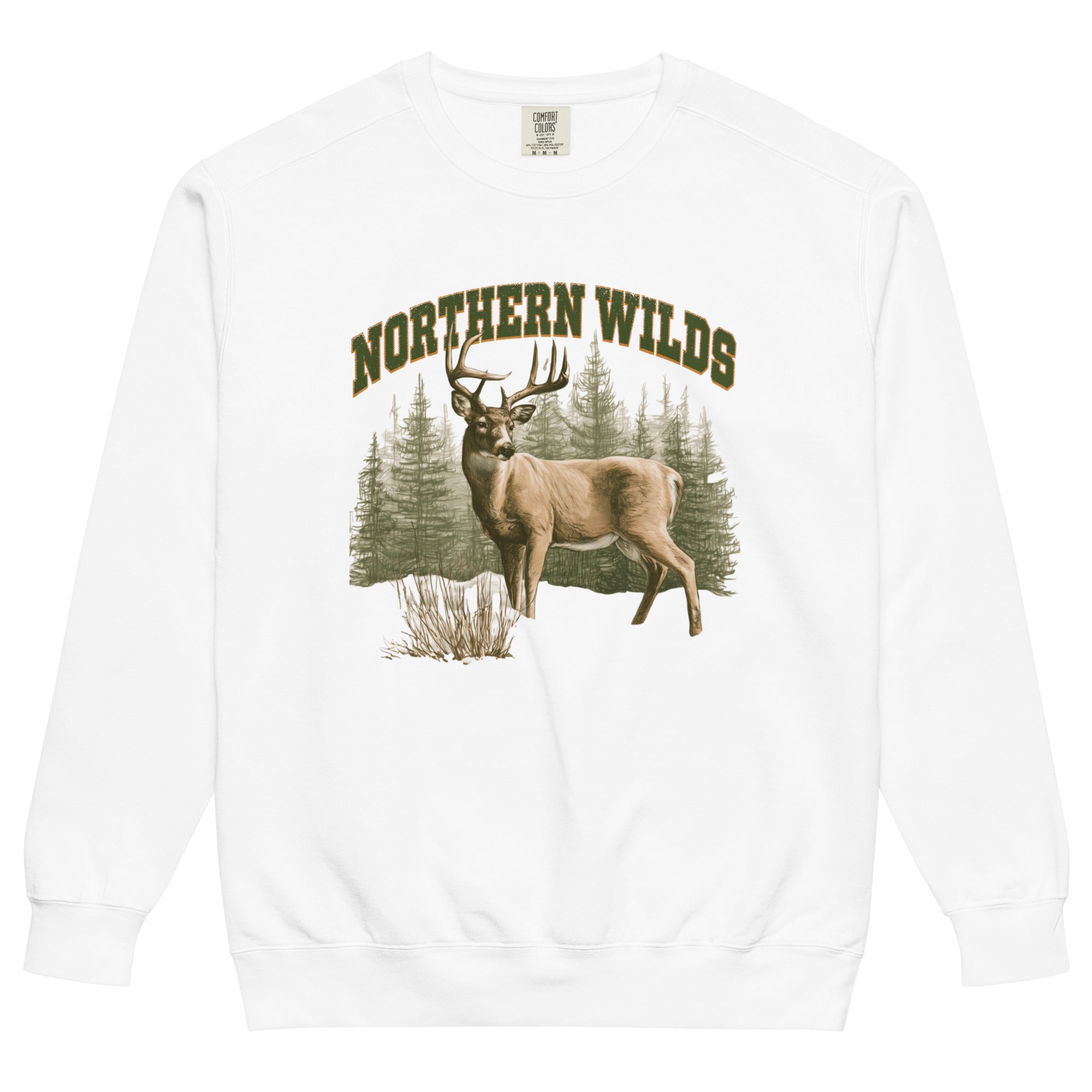 Whitetail deer and Northern Wilds design on a White garment-dyed sweatshirt