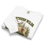 Whitetail deer and Northern Wilds design on a White garment-dyed sweatshirt