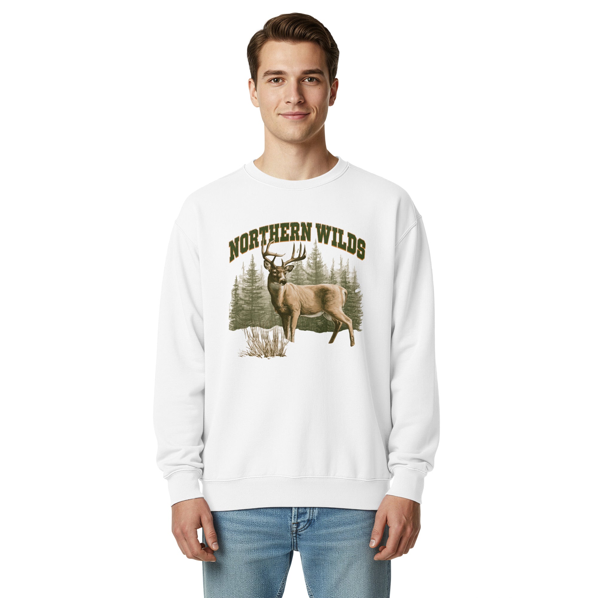 Whitetail deer and Northern Wilds design on a White garment-dyed sweatshirt