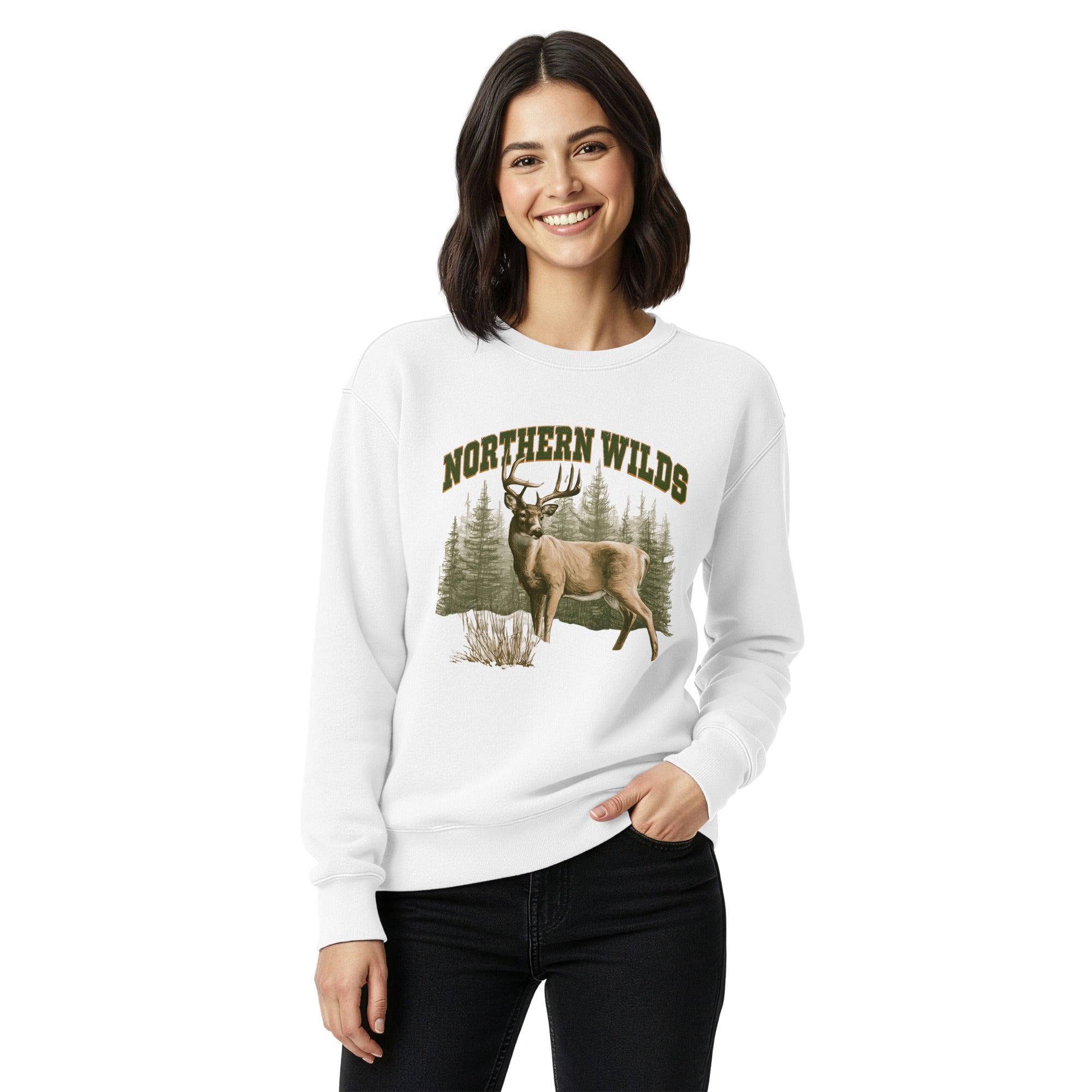 Whitetail deer and Northern Wilds design on a White garment-dyed sweatshirt