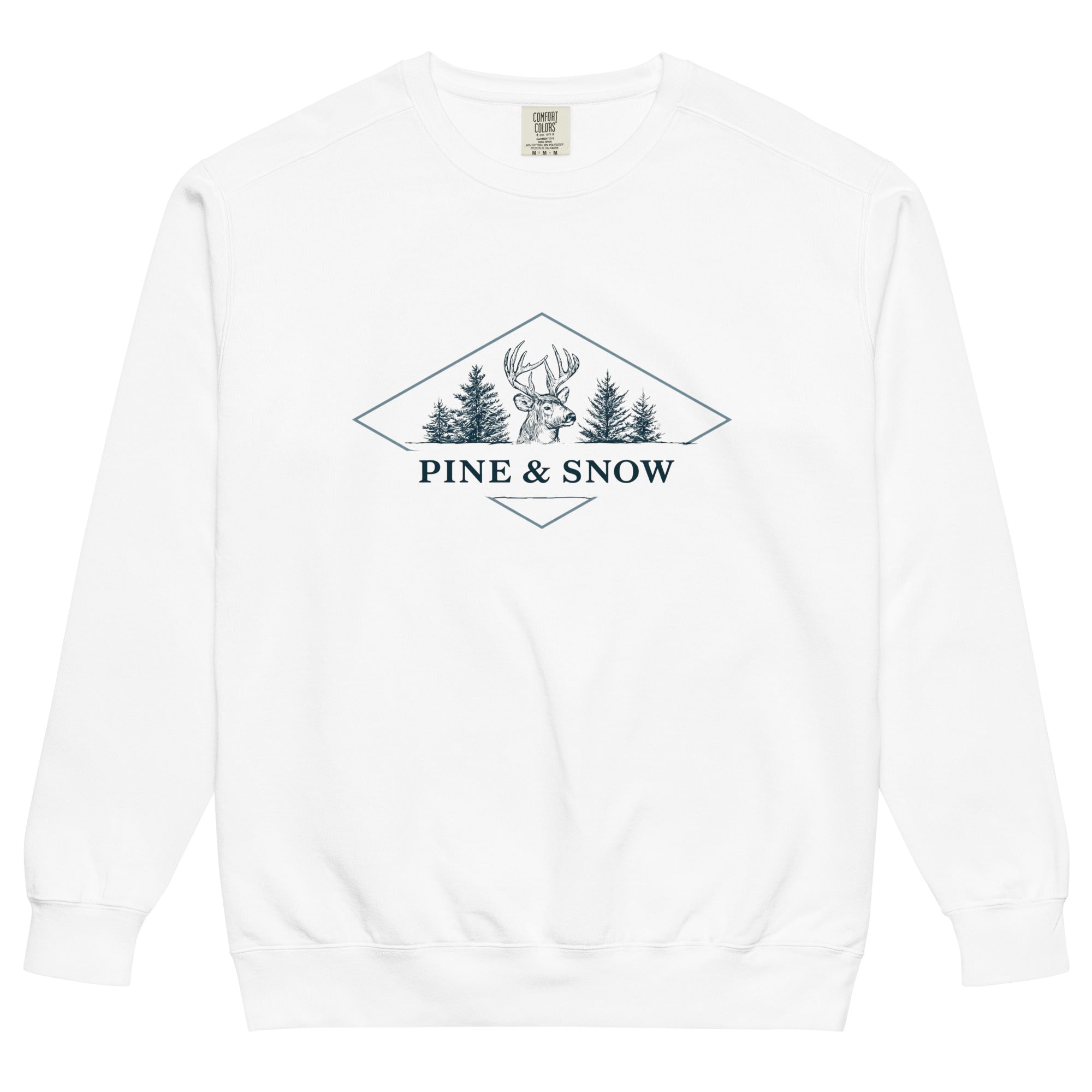 Deer and pines emblem design on a White garment-dyed sweatshirt