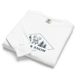 Deer and pines emblem design on a White garment-dyed sweatshirt