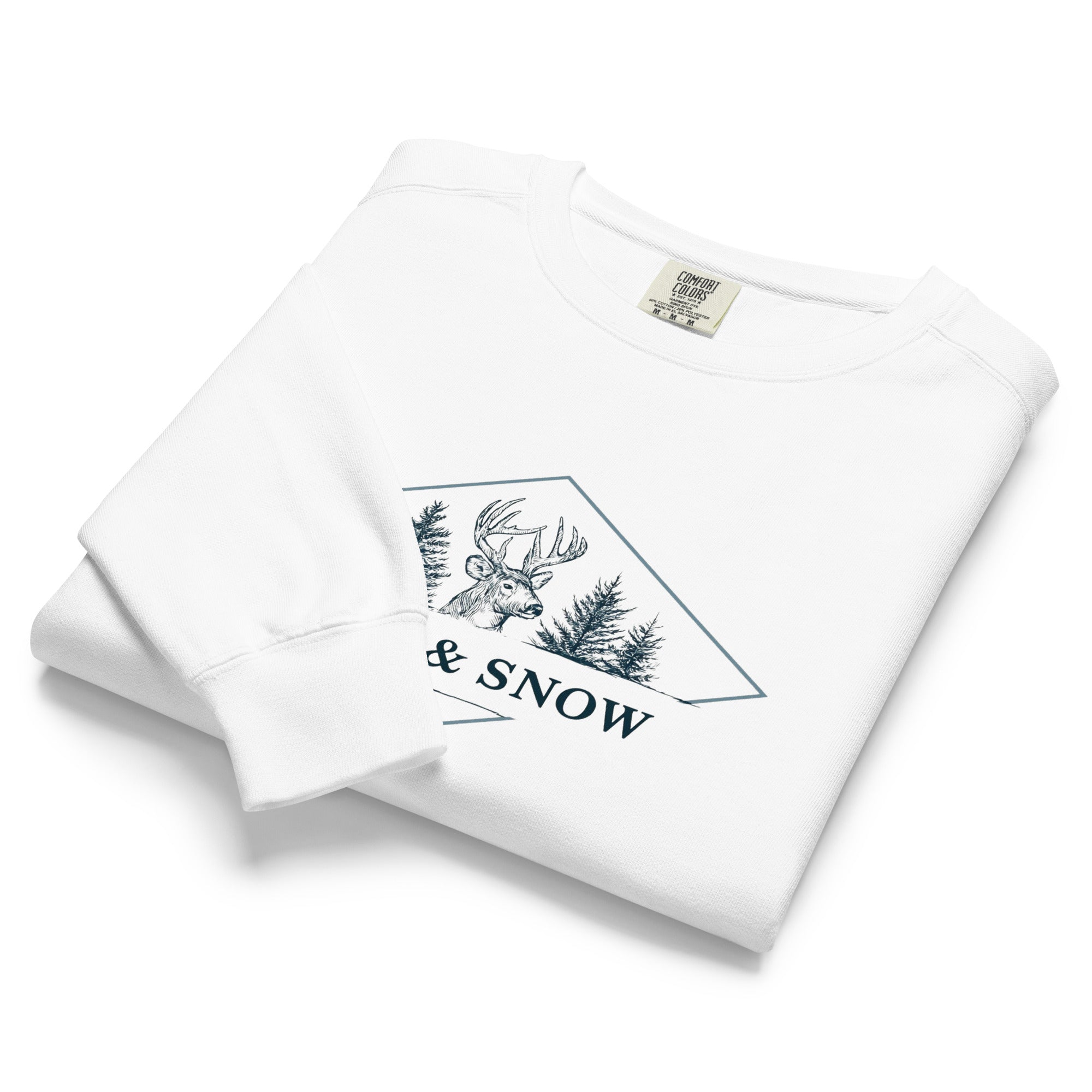 Deer and pines emblem design on a White garment-dyed sweatshirt