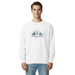 Deer and pines emblem design on a White garment-dyed sweatshirt