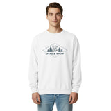 Deer and pines emblem design on a White garment-dyed sweatshirt