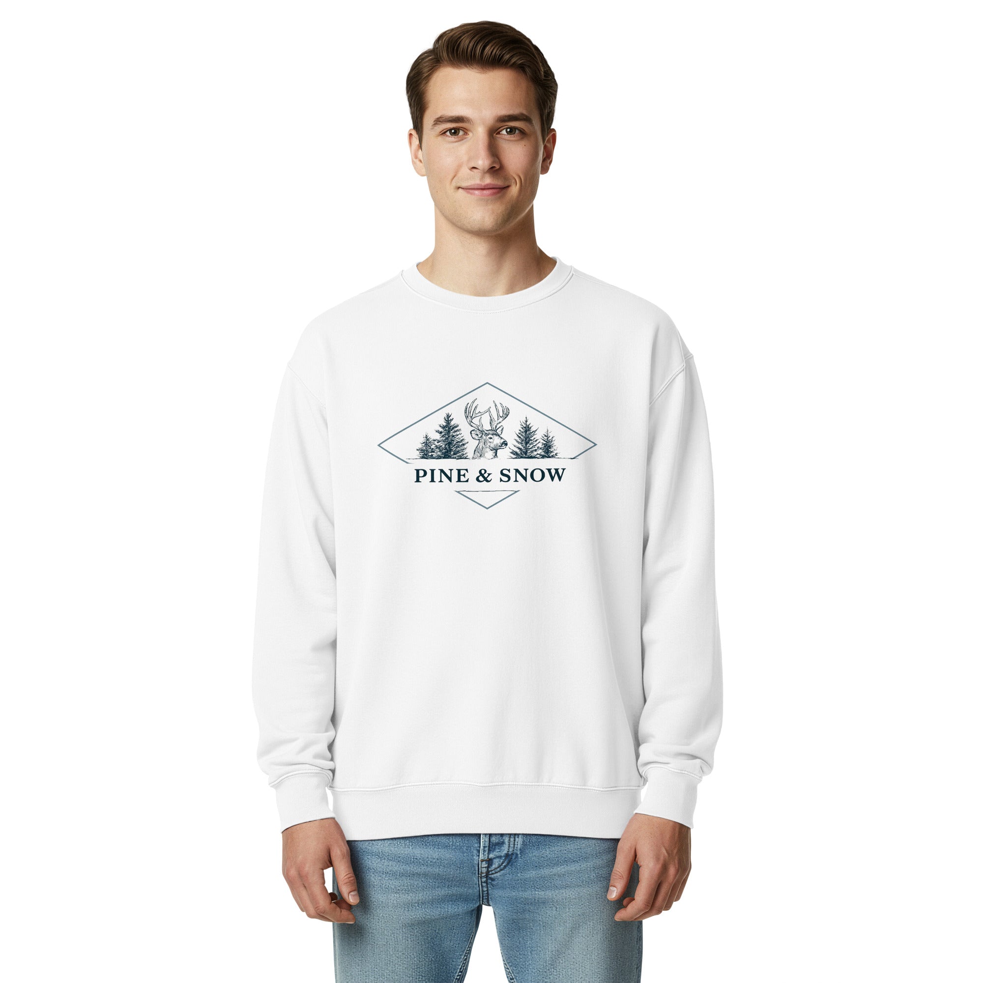 Deer and pines emblem design on a White garment-dyed sweatshirt