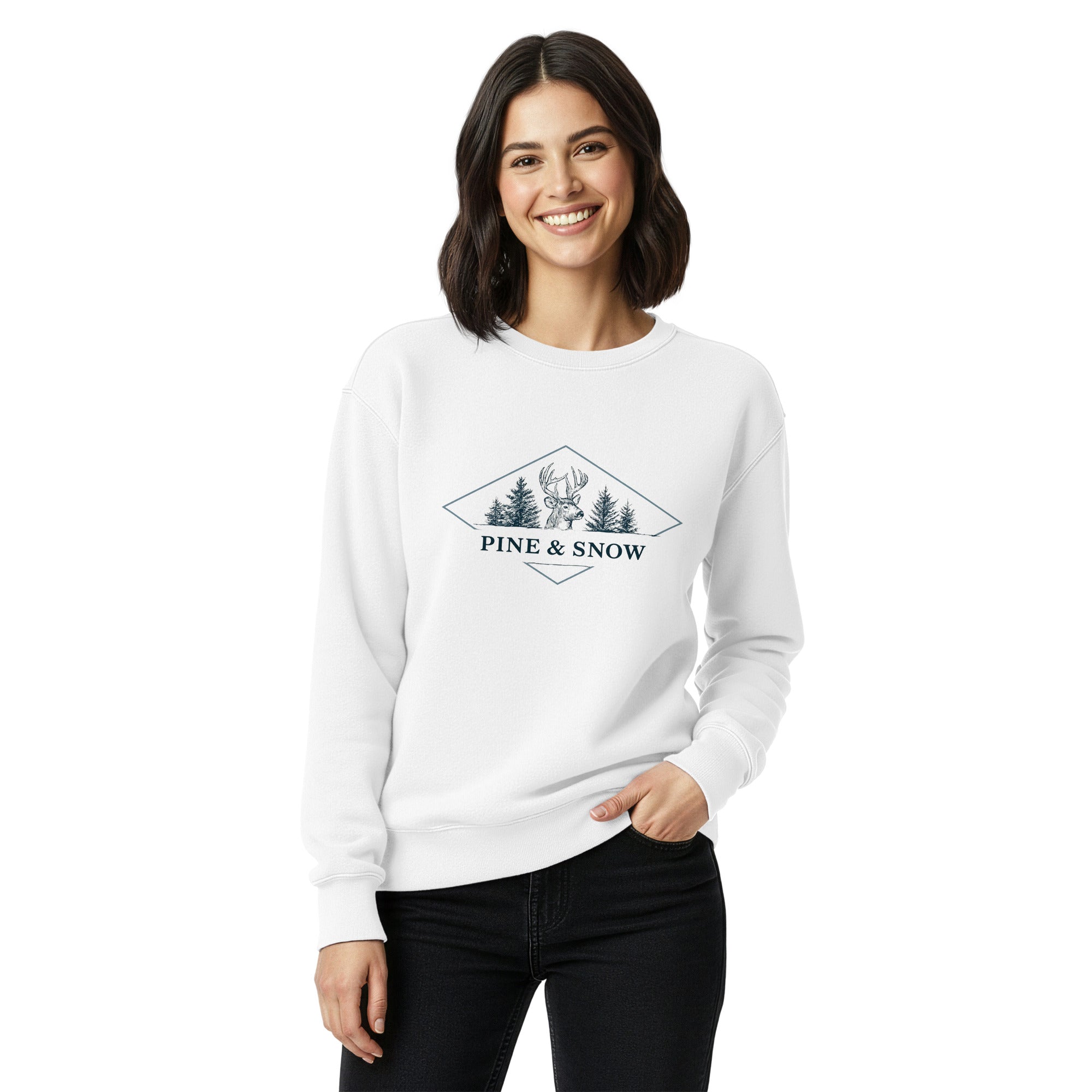 Deer and pines emblem design on a White garment-dyed sweatshirt