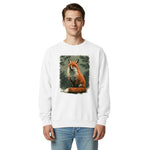 Red fox among winter pines design on a White garment-dyed sweatshirt