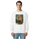Red fox among winter pines design on a White garment-dyed sweatshirt