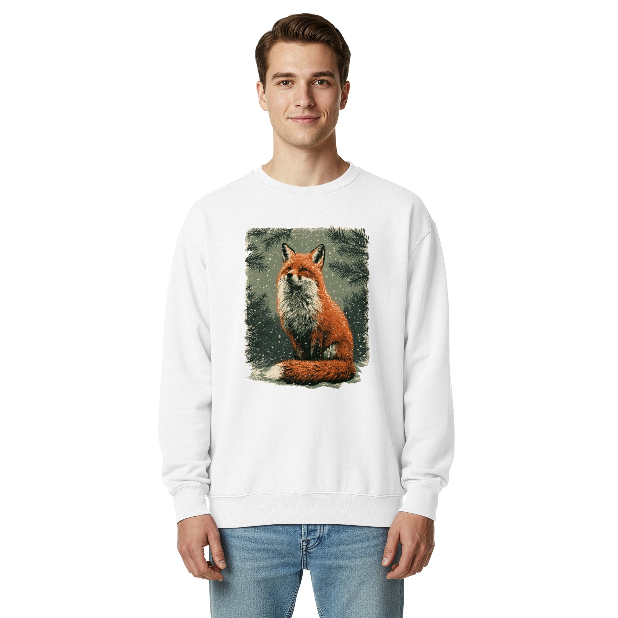 Red fox among winter pines design on a White garment-dyed sweatshirt
