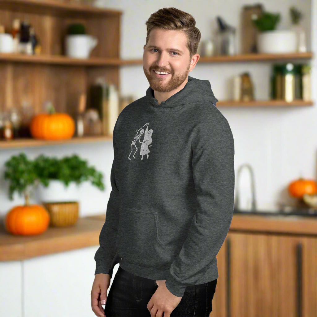 Dancing Skeleton & Ghost Hoodie – Embroidered Halloween Hoodie, Spooky Season Gift