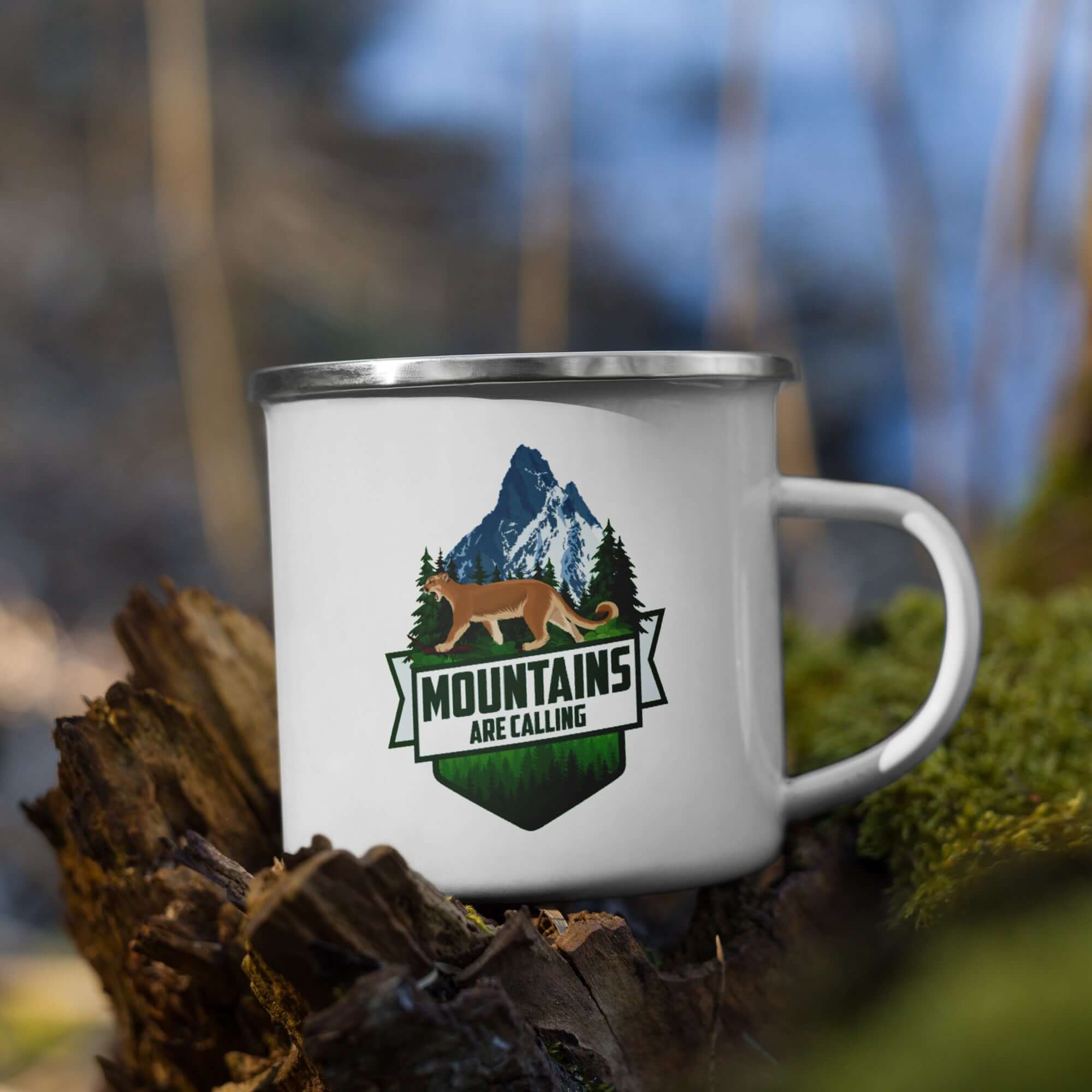 'Mountains Are Calling' Mountain Lion Camping Mug, 12oz