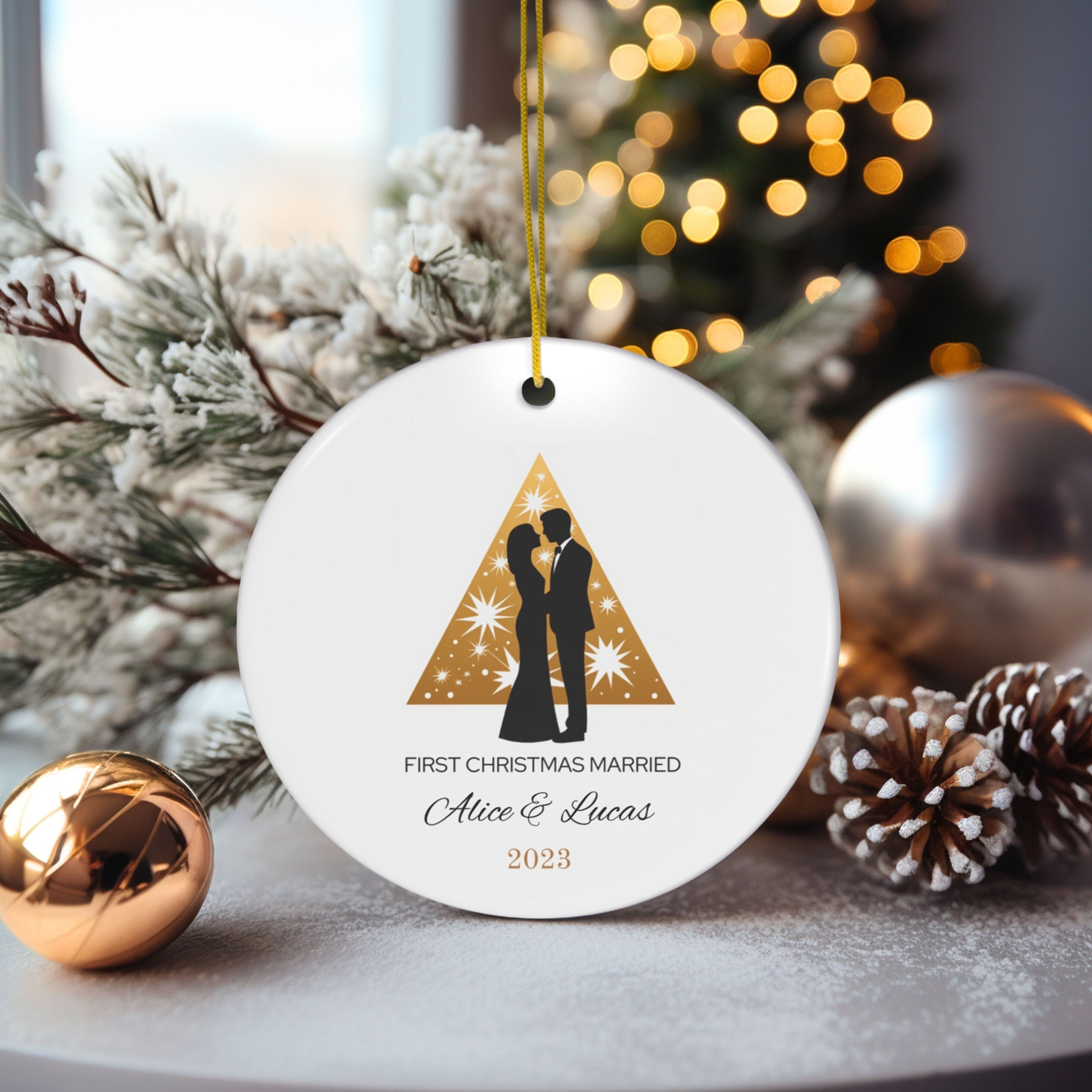Personalized Golden Christmas Tree First Christmas Married Ornament