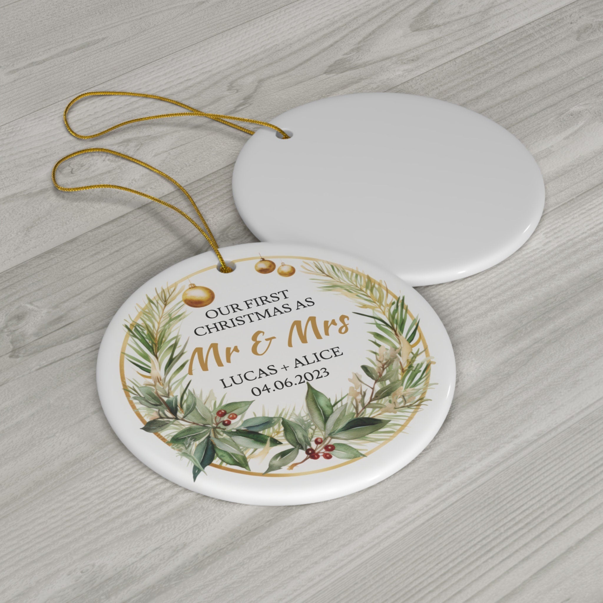 Personalized Mr & Mrs First Christmas Married Floral Ornament