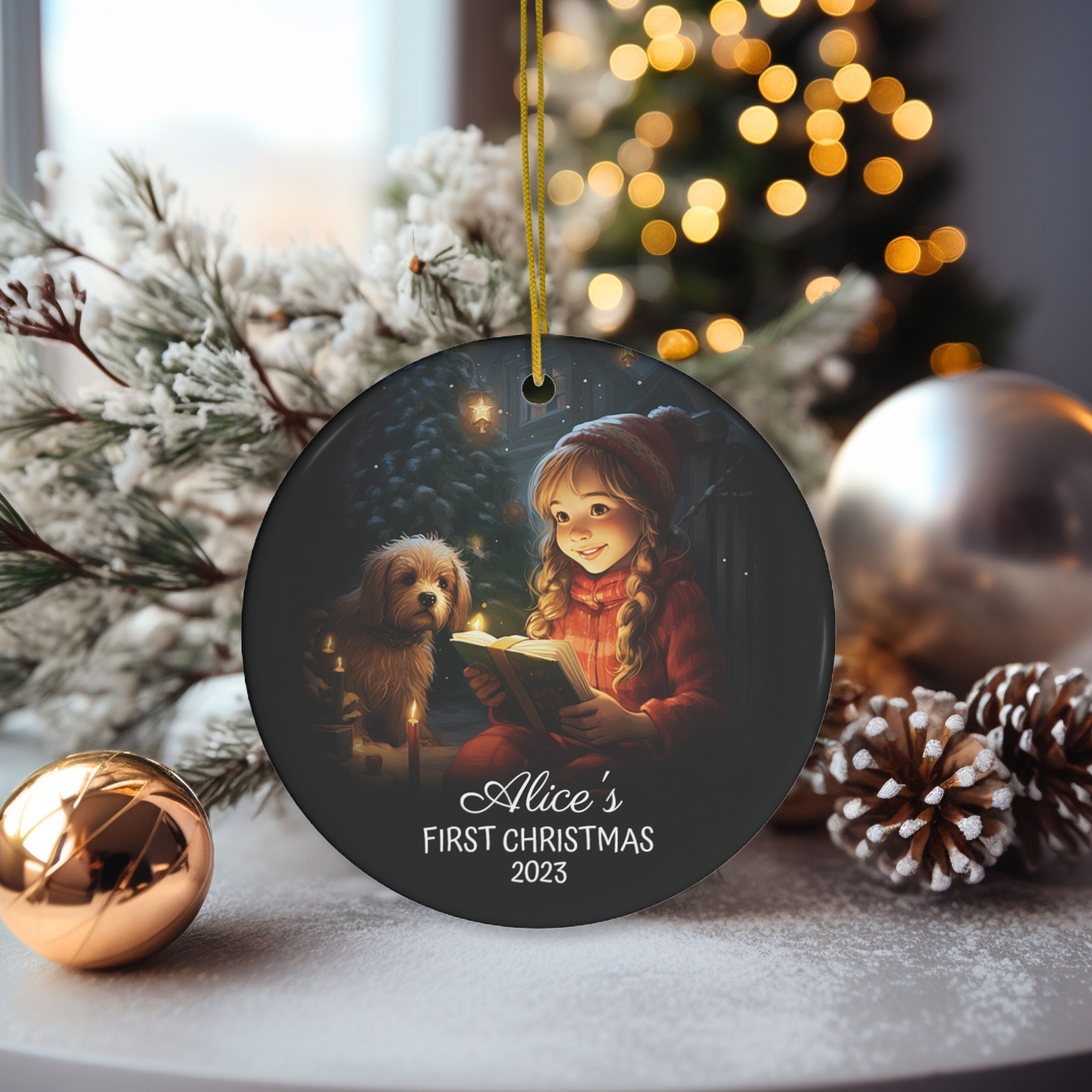 Personalized Child's First Christmas Girl & Dog Ornament