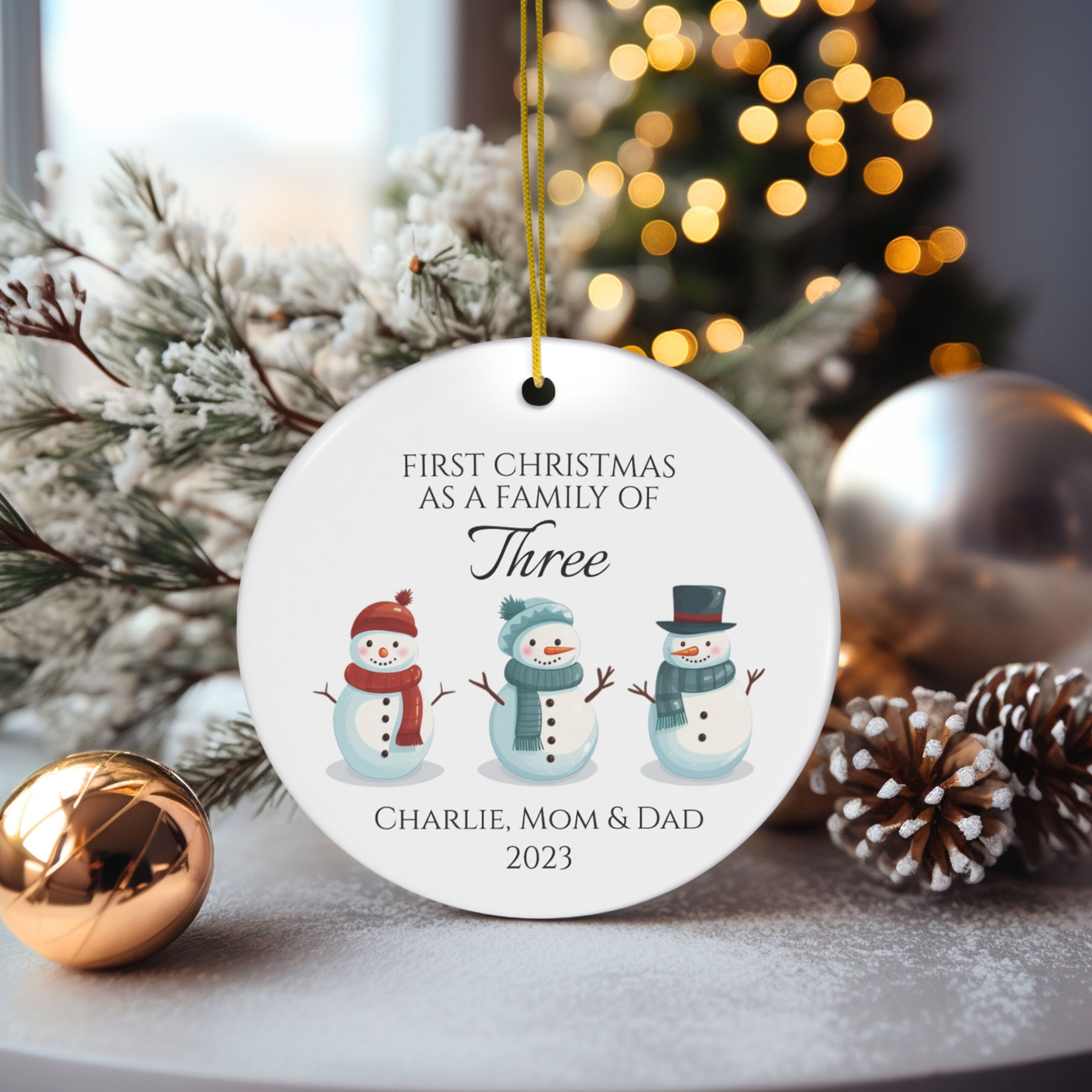 Personalized Family Of Three Family Snowman Ornament