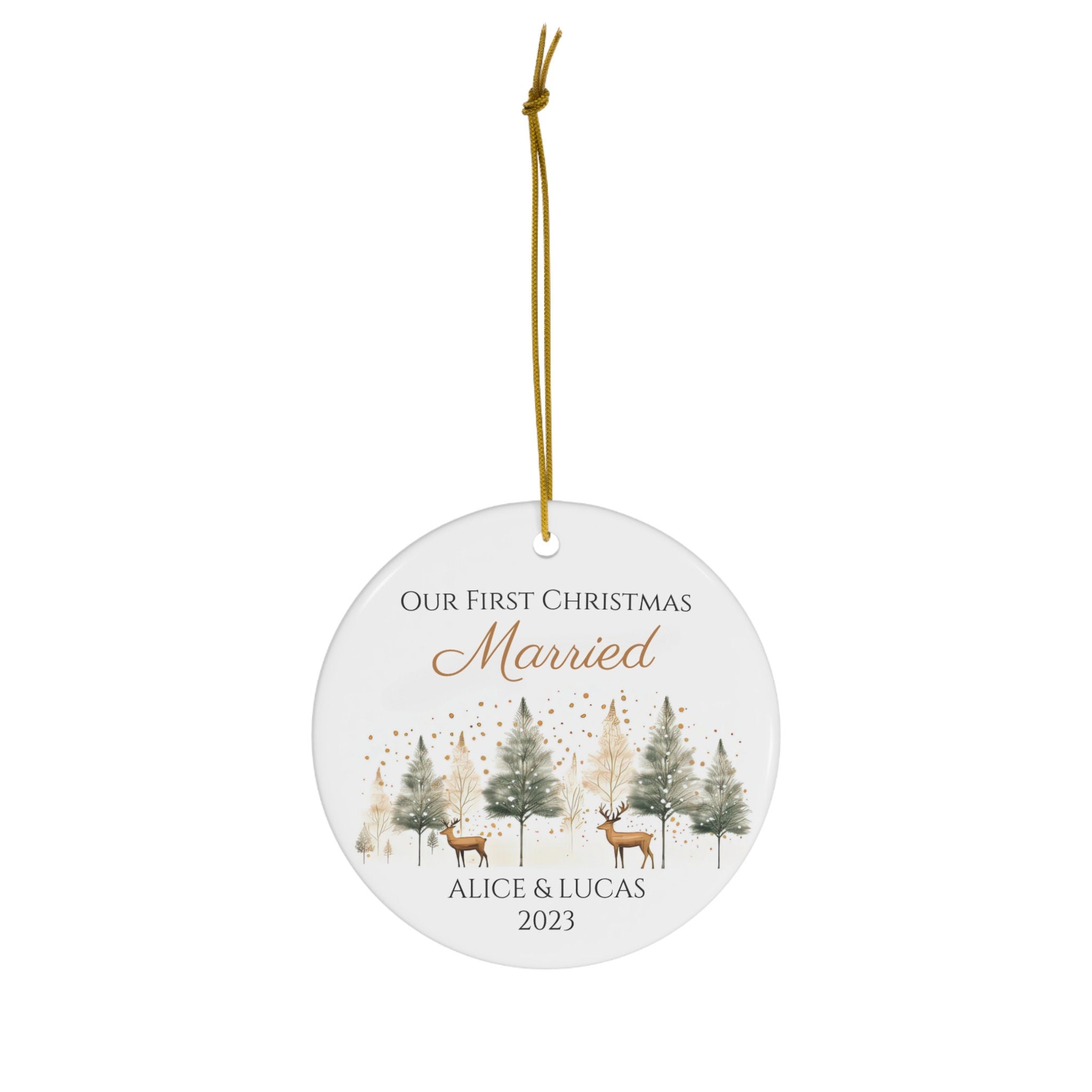 Personalized Our First Christmas Married Reindeer & Pine Trees Ornament