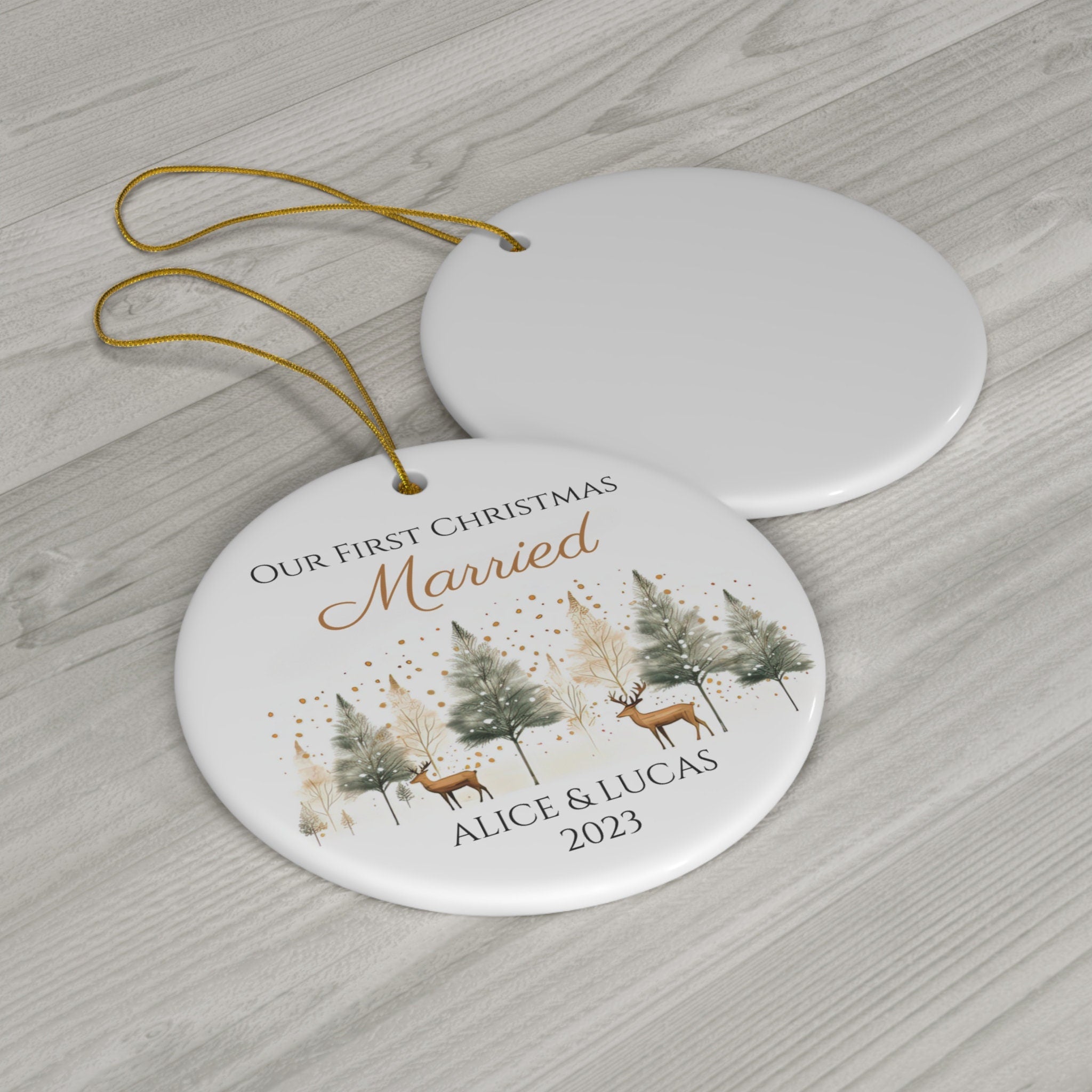 Personalized Our First Christmas Married Reindeer & Pine Trees Ornament