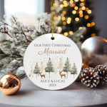 Personalized Our First Christmas Married Reindeer & Pine Trees Ornament