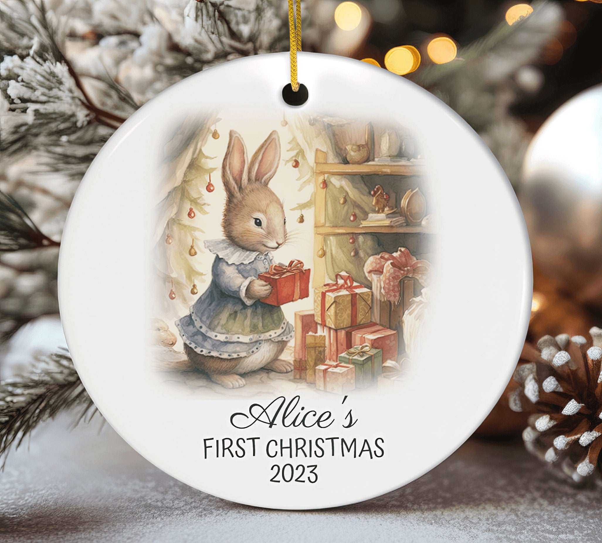 Personalized Child's First Christmas Cute Rabbit Ornament